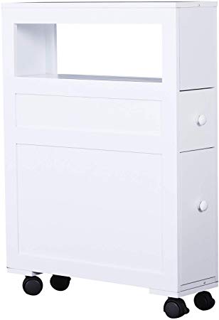 HOMCOM 6” x 20.5” x 26” Wood Rolling Narrow Bathroom Side Storage Cabinet - White