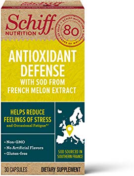 Antioxidant Defense with SOD CapsulesSchiff 30 Count in a bottleGluten FreeNonGMO and No Artificial Flavor Supplement That Helps Reduce Feelings of Stress and Occasional Fatigue٭,¹