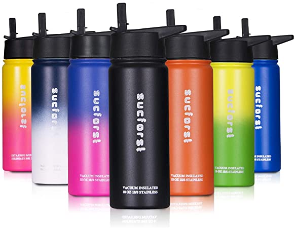 SUCFORST Stainless Steel Water Bottle, Wide Mouth Vacuum Insulated Thermos, Double Wall Leak Proof Water Bottles with Straw Lid, Keep Hot 12 Hours & Cold 24 Hours -18 oz, 24 oz, 32 oz