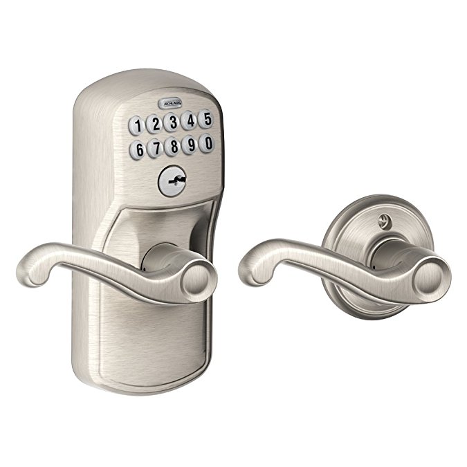 Schlage FE575 PLY 619 FLA Plymouth Keypad Entry with Auto-Lock and Flair Levers, Satin Nickel