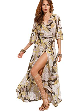 Milumia Women's Boho Deep V Neck Floral Chiffon Wrap Split Long Maxi Dress