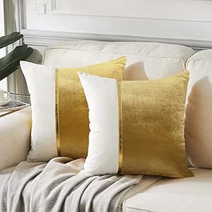 Fancy Homi 2 Packs Gold Decorative Throw Pillow Covers 18x18 Inch for Living Room Couch Bed, Velvet Patchwork with Gold Leather, Luxury Modern Farmhouse Home Decor, Accent Cushion Case 45x45 cm