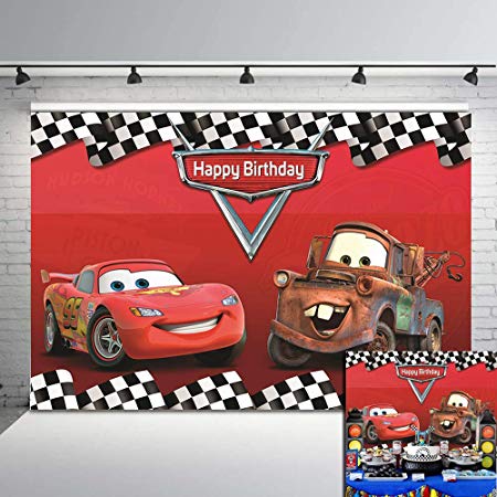 Daniu Cartoon Cars Mobilization Birthday Party Racing Story Photo Backdrops Route 66 Car Racing Background Red Car Backdrop Check Flag Decor Banner Studio Booth Props 7x5FT