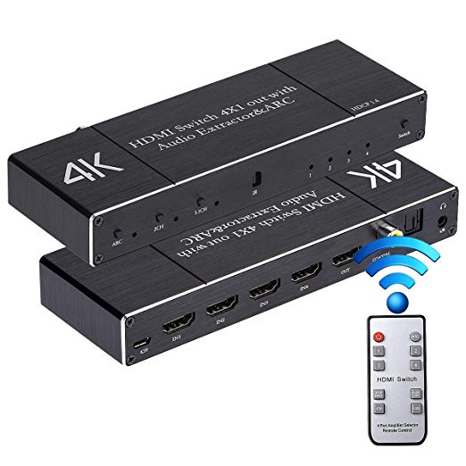 HDMI Switch With Optica/Coaxial/3.5mm Audio Output, 4K@60Hz 4 In 1 Out HDMI Switcher with Audio Extractor Support ARC Function, HDMI2.0 HDCP 1.4 DTS-HD/Dolby-TrueHD/DTS/Dolby-AC3/ DSD (Remote Control)