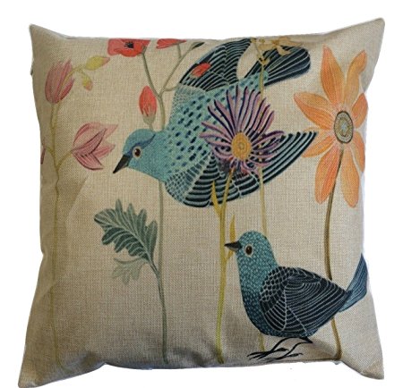 RAYYAN LINEN'S PANAMA TEAL BLUE BIRDS & FLOWERS CUSHION COVER OR PILLOWCASES (TEAL BLUE CREAM ORANGE PINK) 18 X 18" OR 45 X 45 CM APPROX.