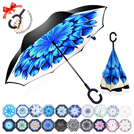 ZOMAKE Double Layer Inverted Umbrellas for Women, Reverse Folding Umbrella Windproof UV Protection Big Straight Umbrella for Car Rain Outdoor with C-Shaped Handle (Blue FlowerII)