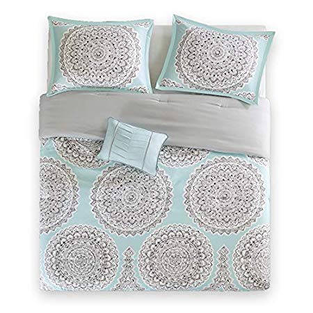 Bed Room Twin XL Twin Bed Comforter - Fits Twin and Twin XL- 3 Piece All Season Bed in A Bag Set- Aqua & Grey - Includes 1 Comforter, 1 Sham & 1 Dec Pillow- Adele