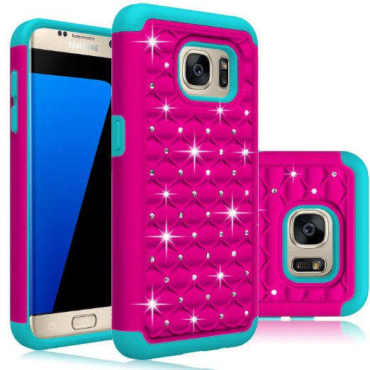 Galaxy S7 Edge Case, EC™ Hybrid Dual Layer Diamond Studded Bling Crystal Rhinestone Protective Case Cover for Samsung Galaxy S7 Edge (Rose Teal)