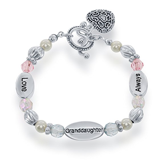 Silvertone 6" 'Love, Granddaughter, Always' Heart Toggle Pink & Blue Beads Stretch Children's Bracelet