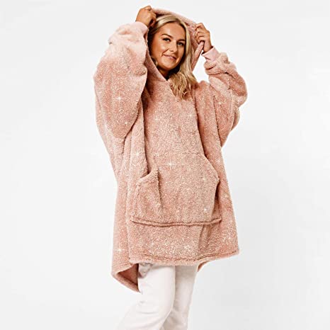 Sienna Glitter Hoodie Wearable Blanket Teddy Fleece Soft Warm Cosy Thermal Throw Oversized Hooded Sweatshirt with Large Pocket for Adults Women Men Teens, One Size - Blush Pink