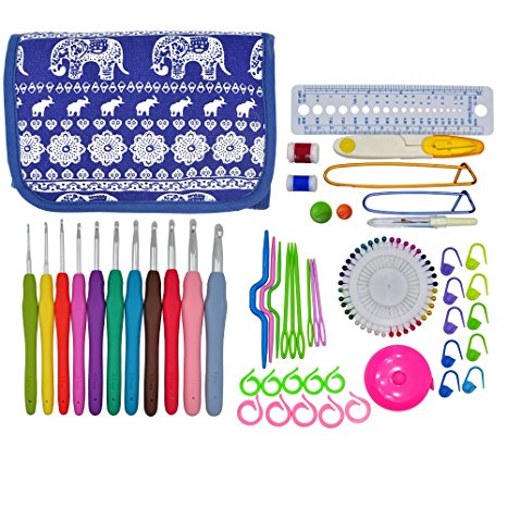 OldShark 2mm to 8mm 11 Sizes Crochet Hooks, Ergonomic Rubber Grip Knitting Needles, with 79 Accessories, Full Size Crochet Kits with Organizer Case Blue