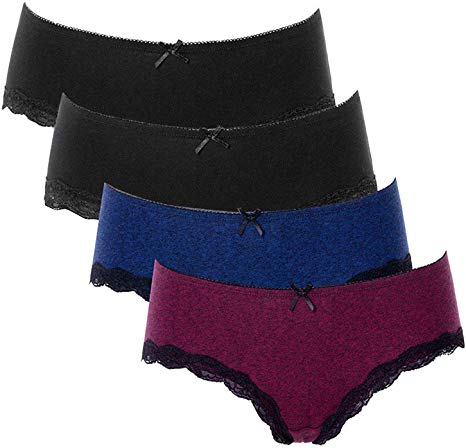 ATTRACO Women's Cotton Brief Panties Soft Underwear Lace Trim Hipster 4 Pack