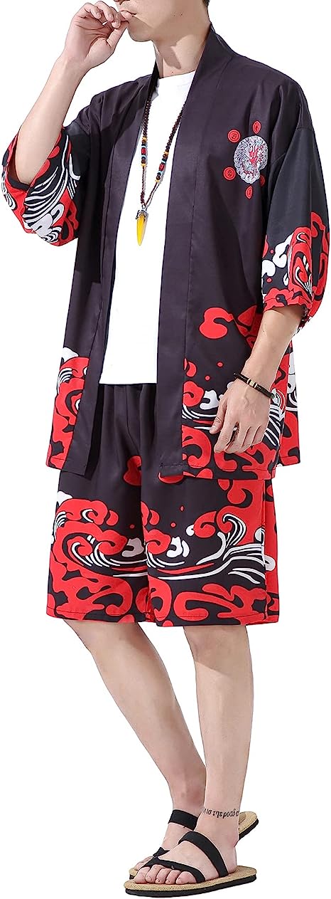 PRIJOUHE Men's Japanese Style Kimono Tops Pants Sets Lightweight Casual Seven Sleeves Open Front Cardigan & Shorts