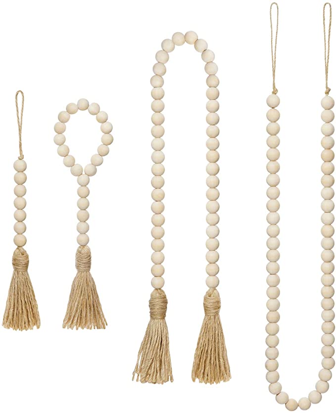 Mkono Wood Beads Garland with Tassels 4 Styles Prayer Beads Farmhouse Rustic Natural Wooden Bead String Wall Hanging for Baby Nursery Room Decor,Wedding Vase Ornament, Jute Rope