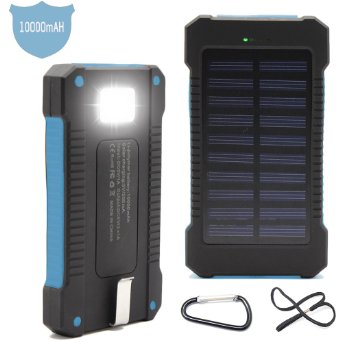 Solar Charger Matone Portable 10000mAh Solar Battery Charger Shockproof Dual USB output Solar Powered Phone Charger for iPhone iPod iPad Samsung HTC GPS and Gopro Camera Blue