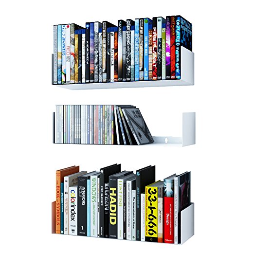 WALLNITURE U Shape Bookshelf Wall Mountable Metal CD DVD Storage Rack White Set of 3