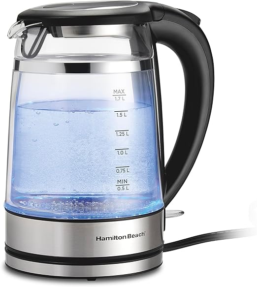 Hamilton Beach 1.7L Electric Tea Kettle, Water Boiler & Heater, Built-In Mesh Filter, Auto-Shutoff & Boil-Dry Protection, Cordless Serving, Variable LED Indicator, Double Wall Glass (40850)