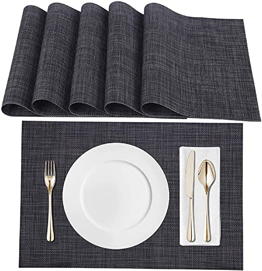 TOSL Placemats, Placemats for Dining Table Set of 6 , Washable Woven Vinyl Placemat Non-Slip Heat Resistant Kitchen Table Mats Easy to Clean(Black)