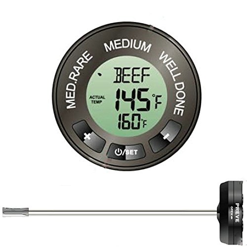 PREVE 5S Instant Read Digital Meat Thermometer -7 Preset Meat Types -3 Taste Doneness Levels Selectable -Audible Temperature Alarm -Extra Long Probe for BBQ Grilling Use -Jumbo LCD Screen -User Can Set Any Alarm Temperature
