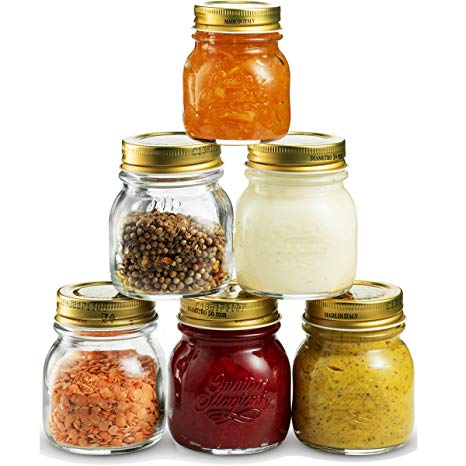 Bormioli Rocco Quattro Stagioni Small Glass Mason Jars 5 Ounce Mini Jars (6-Pack) with Metal Airtight Lid, For Jam, Jelly, baby food, Crafts, Spices, Dry Food Storage, Wedding favors, Decorating Jar