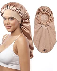 AWAYTR Long Satin Braids Bonnet for Women - 2 Layer Silk Bonnet for Braids Elastic Hair Sleeping Cap with Wide Band Nightcap (Champagne)