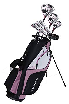 Aspire XD1 Ladies Womens Complete Right Handed Golf Clubs Set Includes Titanium Driver, S.S. Fairway, S.S. Hybrid, S.S. 6-PW Irons, Putter, Stand Bag, 3 H/C's Pink