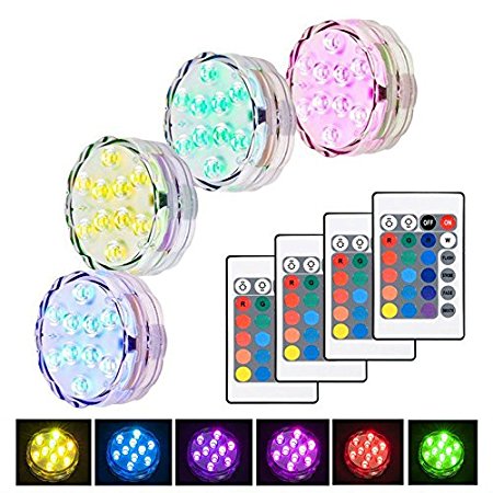 Submersible LED Lights Underwater Remote Controlled Lamps Waterproof Battery Powered Multi Color Decorative Lighting for Vase Base Swimming Pool Pond Fountain Fish Tank Party Decorations (4 Pack)