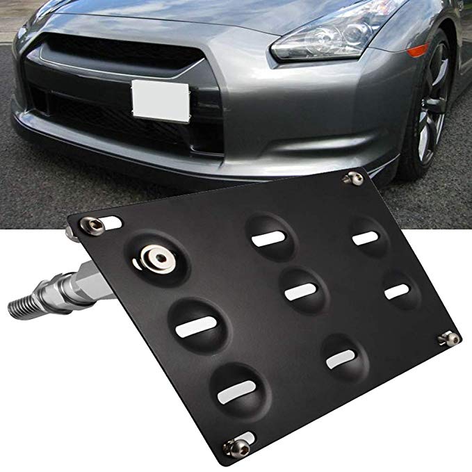 SIZZLEAUTO JDM Style Front Bumper Tow Hook License Plate Mounting Bracket Holder Relocator for Nissan 370Z Z34 GTR R35 Sentra Juke/Infiniti G37 2dr Coupe / Q60 / Q50 (fit Without Front Parking Sensor)