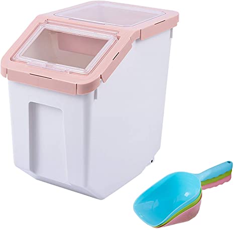 AnRui Rice Container Storage Airtight Plastic Food Holder Dispenser Cereal Grain Organizer Box Pet Dog Cat Food Bin with Locking Lid, Measuring Cup, Scoop & Wheels, Pink, Large