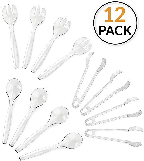Set of 12 Variety - Chefible Plastic Disposable Heavy Duty Serving Utensils - Clear, 4-10" Spoons, 4-10" Forks, 4-6 1/2" Tongs