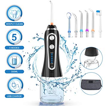 Water Flosser Cordless Oral Irrigator Portable Rechargeable Dental Flossers with 5 Modes & 6 Tips Water Flossing with 300ML Water Tank for Home and Travel, Braces & Bridges Care - IPX7 Waterproof