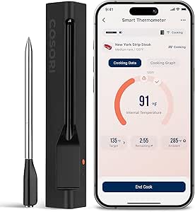 COSORI Wireless Meat Thermometer, Bluetooth Digital Meat Thermometer with 72h Battery, 96 Cooking Guides, for Grill, Smoker, BBQ, Rotisserie, Oven, Stove, Air Fryer, 304 Stainless Steel