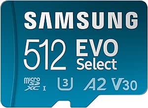 SAMSUNG EVO Select Micro SD Memory Card   Adapter, 512GB microSDXC 160MB/s Full HD & 4K UHD, UHS-I, U3, A2, V30, for Android Smartphones, Tablets, Nintendo-Switch (MB-ME512SA/AM) [Canada Version]