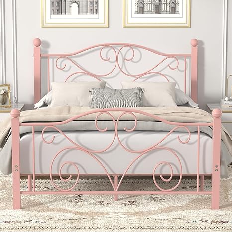 VECELO Queen Size Bed Frame with Headboard and Footboard, Heavy Duty Metal Slat Support, Platform Mattress Foundation, No Box Spring Needed, Easy Assembly, Pink