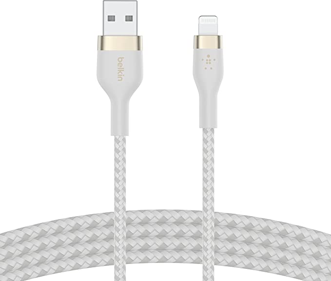 Belkin BoostCharge Pro Flex Braided USB Type A to Lightning Cable (2M/6.6FT), MFi Certified Charging Cable for iPhone 13, 12, 11, Pro, Max, Mini, SE, iPad and More - White