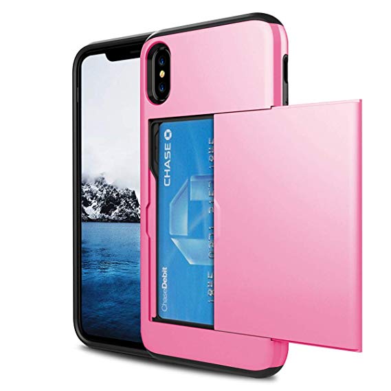 Damenv iPhone X/Xs Case, iPhone X/Xs Wallet Case ID Credit Card Slot Dual Layer Protective Cover Full Body Protection Shockproof Cover Case Drop Protection Case for Apple iPhone X/Xs - Pink