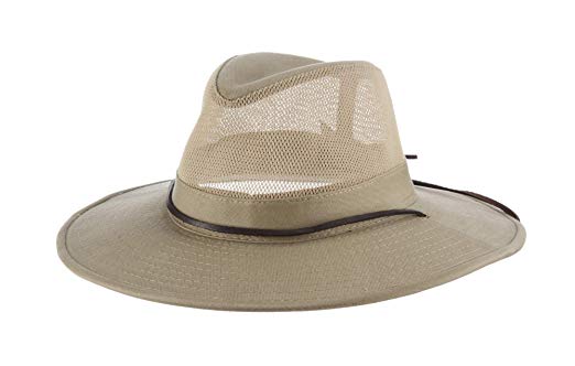 Dorfman Pacific Men's Brushed Twill-and-Mesh Safari Hat with Genuine Leather Trim