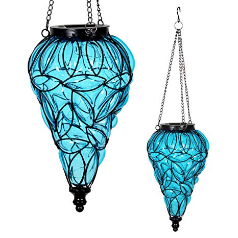 Exhart Blue Solar Lantern - Glass Tear-Shaped Hanging Lantern - Teardrop Glass Ceiling Lantern Hangs in a Metal Cage w/ 12 Blue LED Firefly Solar Lights 7" L x 7" W x 24" H