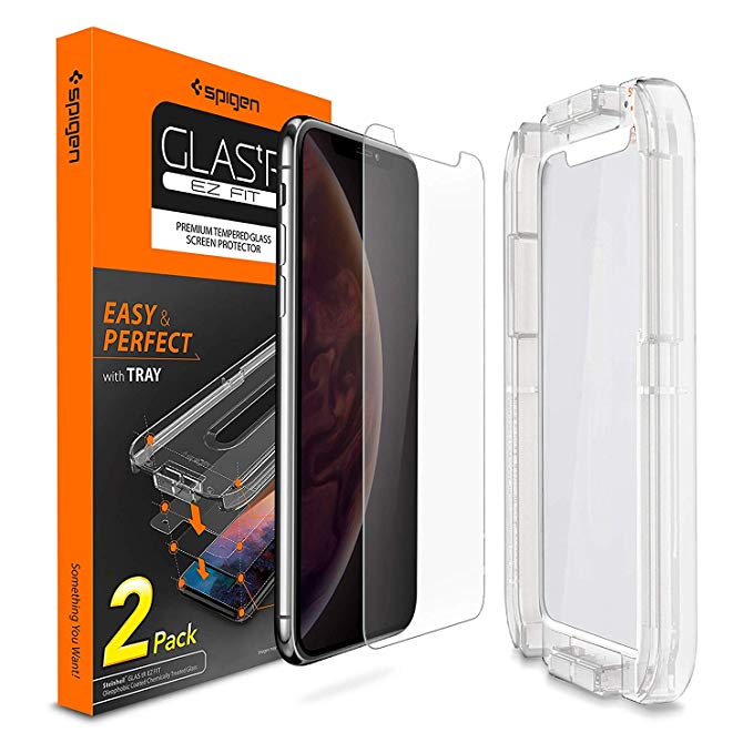 Spigen, [2Pack, iPhone XS/X Screen Protector (5.8"), EZ FIT Glas.tR, Installation Kit Included, Case Friendly, Face ID Compatible, iPhone X/XS Screen Protector (2018) (063GL25358)