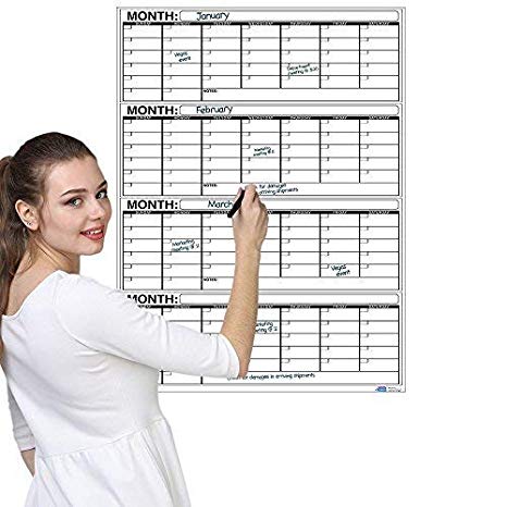 Business Basics EXTRA LARGE Dry Erase Vertical 4 Month 24" x 36" in Wall Calendar Laminated Dry or Wet Erase Print Squares to Plan Your Whole Day Perfect for School Office Cubicle Home College Dorms
