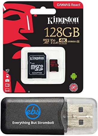 Kingston 128GB Micro React Memory Card Works with GoPro Hero 8 Black & Max Plus (1) Everything But Stromboli (TM) MicroSD Card Reader