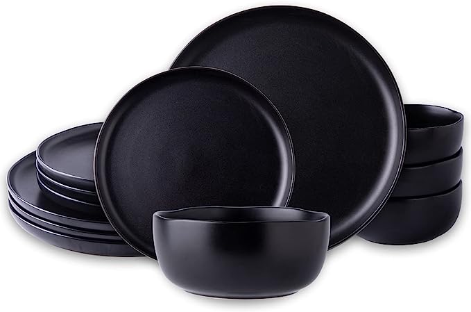 AmorArc Ceramic Dinnerware Sets,Wavy Rim Stoneware Plates and Bowls Sets,Highly Chip and Crack Resistant | Dishwasher & Microwave Safe Dishes set,Service for 4 (12pc)