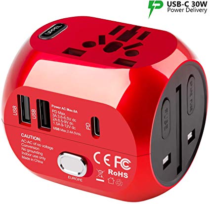 Universal Travel Adapter,UPPEL Universal All in one Power Plug USB Converter with QC3.0 & PD Function Charger, European Plug Adapter Voltage Adaptor, Used in UK/US/EU AU/Asia(200 Countries)