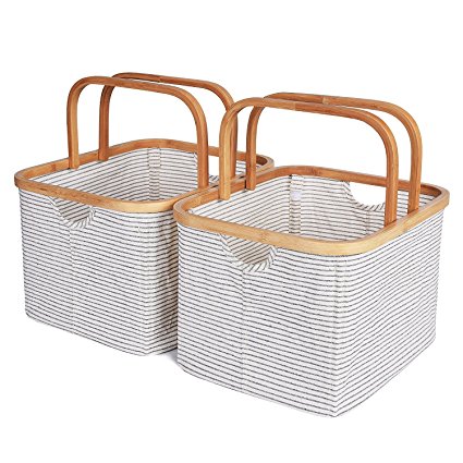 StorageWorks Canvas & Bamboo Storage Basket With Bamboo Handles, Foldable Organizer, Square Storage Bin By, White with Black Stripe, 15.9x13.0x10.2 inches, 2-Pack