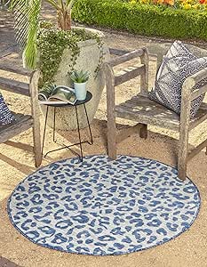 Unique Loom Outdoor Safari Collection Area Rug - Leopard (7' 10" Round Blue/Gray)