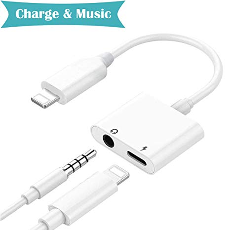 Headphone Adapter 3.5mm Jack Earphone Connector 2 in 1 Accessories Charge&Music Dongle Headset AUX Audio Adaptor Replacement for Phone7/7Plus/8/8Plus/X Stereo Earpiece Splitter Support iOS11 or Later