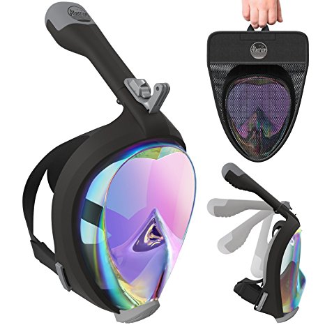Full Face Snorkel Mask UV Easybreath Foldable - 2.0 Panoramic 180 Seaview Snorkeling Mask with GoPro Camera Mount – Scuba Mask Anti Fog, Earplug & Bag, for Adults & Youth (Women & Men)