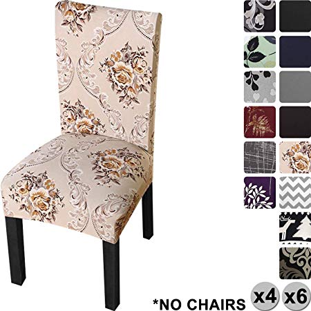 YISUN Modern Stretch Dining Chair Covers Removable Washable Spandex Slipcovers for High Chairs 4/6 PCs Chair Protective Covers (Brown/Flower Pattern, 6 PCS)