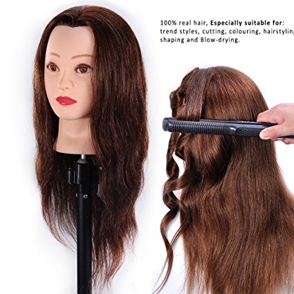 24" Mannequin Head 100% Human Hair Hairdresser Training Head Manikin Cosmetology Doll Head (Table Clamp Stand Included) HA0418P