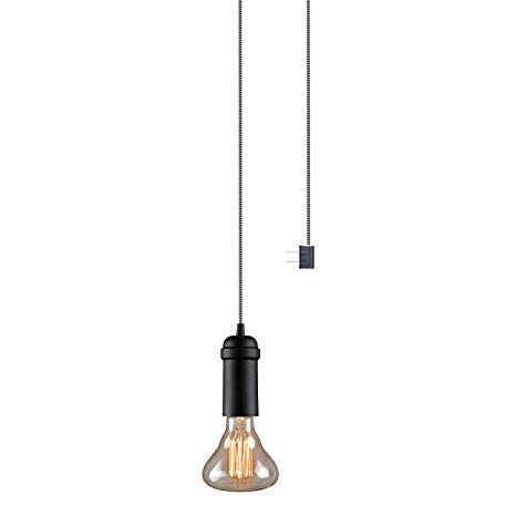 Globe Electric Edison 1-Light Plug-In Mini Pendant, Black, Matte Finish, Black and White Chevron Cord 65444